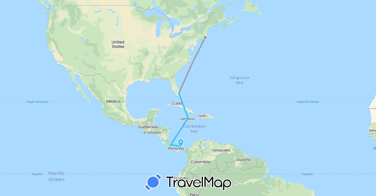 TravelMap itinerary: driving, plane, boat in Costa Rica, Jamaica, Panama, United States (North America)
